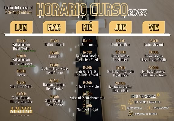 Cartel del horario del curso 26/27 de Palazzi Academy, con las clases de lunes a viernes